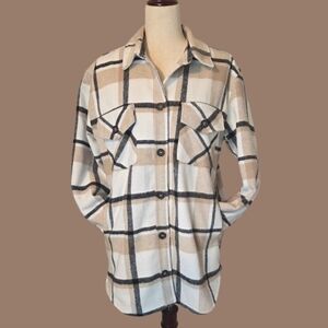Thread & Supply Natural Plaid Shacket, Button Up Jacket Fully Lined, Pockets M